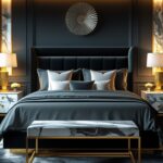 Phoenix 10 Elegant dark bedroom with charcoal gray walls gold 1